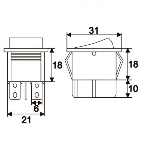 Interupator basculant 4 pini 1 circuit 16A 250V OFF-ON galben 21.7x28.5mm