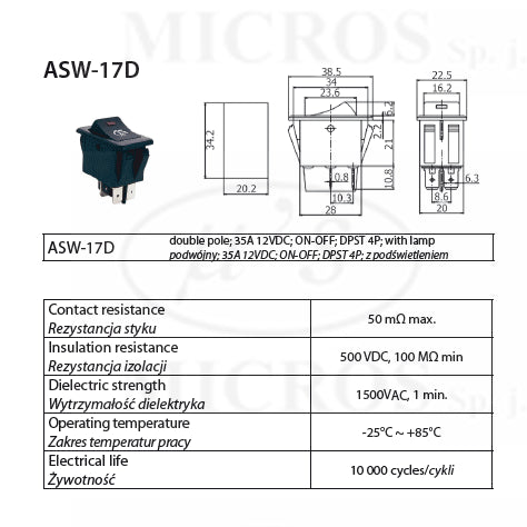 Intrerupator cu bec pentru far auto ASW-17 ON-OFF 4 pini 12V 35A cu retinere