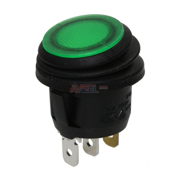 Intrerupator ROCKER SPST 2 pozitii OFF-ON cu retinere 10A/250VAC verde IP65 lampa cu neon ermetic SCI R13-112B8W-02-BGNN-0A-N2