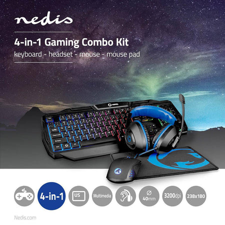 Kit Gaming cu fir 4 in 1 tastatura Casti Mouse MousePad Nedis