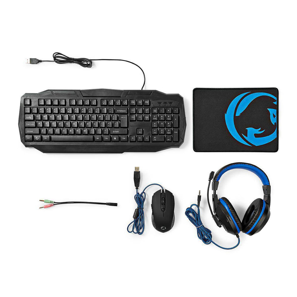 Kit Gaming cu fir 4 in 1 tastatura Casti Mouse MousePad Nedis