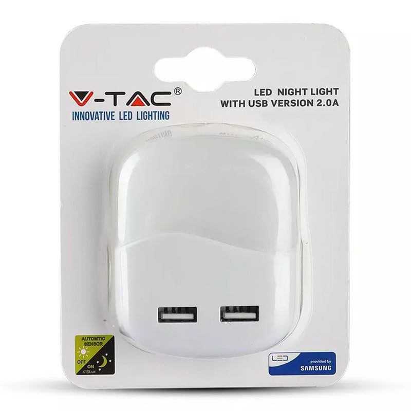 Lampa veghe patrata cu senzor lumina alb calda 3000K + 2x USB V-tac SKU-507