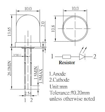 LED 10mm alb rece 10-15V 3000-4200mcd 30 Parte frontala convex OPTOSUPPLY OSW5DKA131A-12V