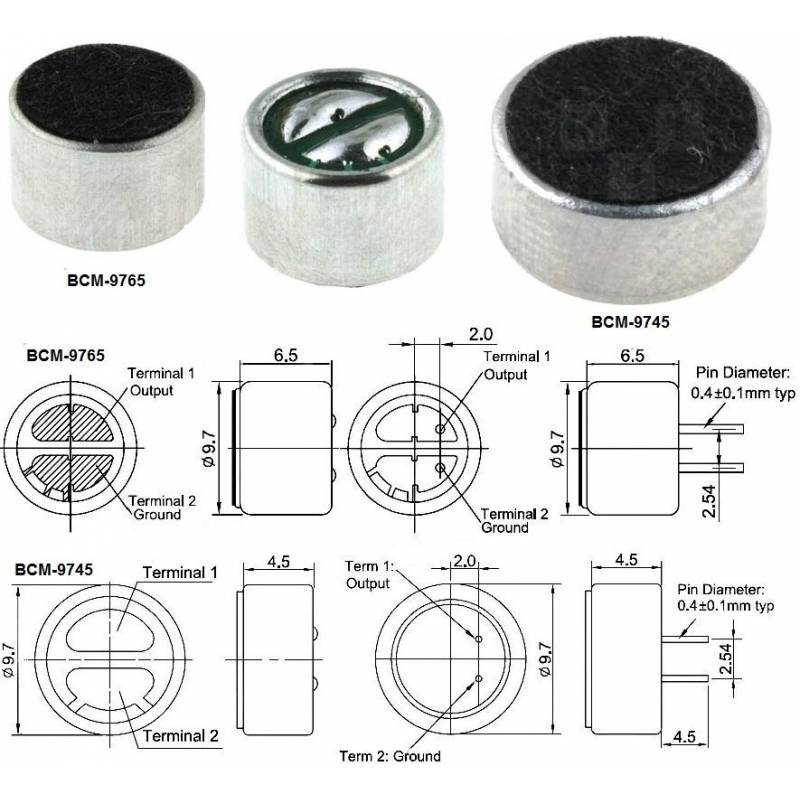 Microfon 9.7x6.5mm 2.2kohm 500uA 1.5/10V 20/16000Hz SNR 60dB BeStar BCM9765