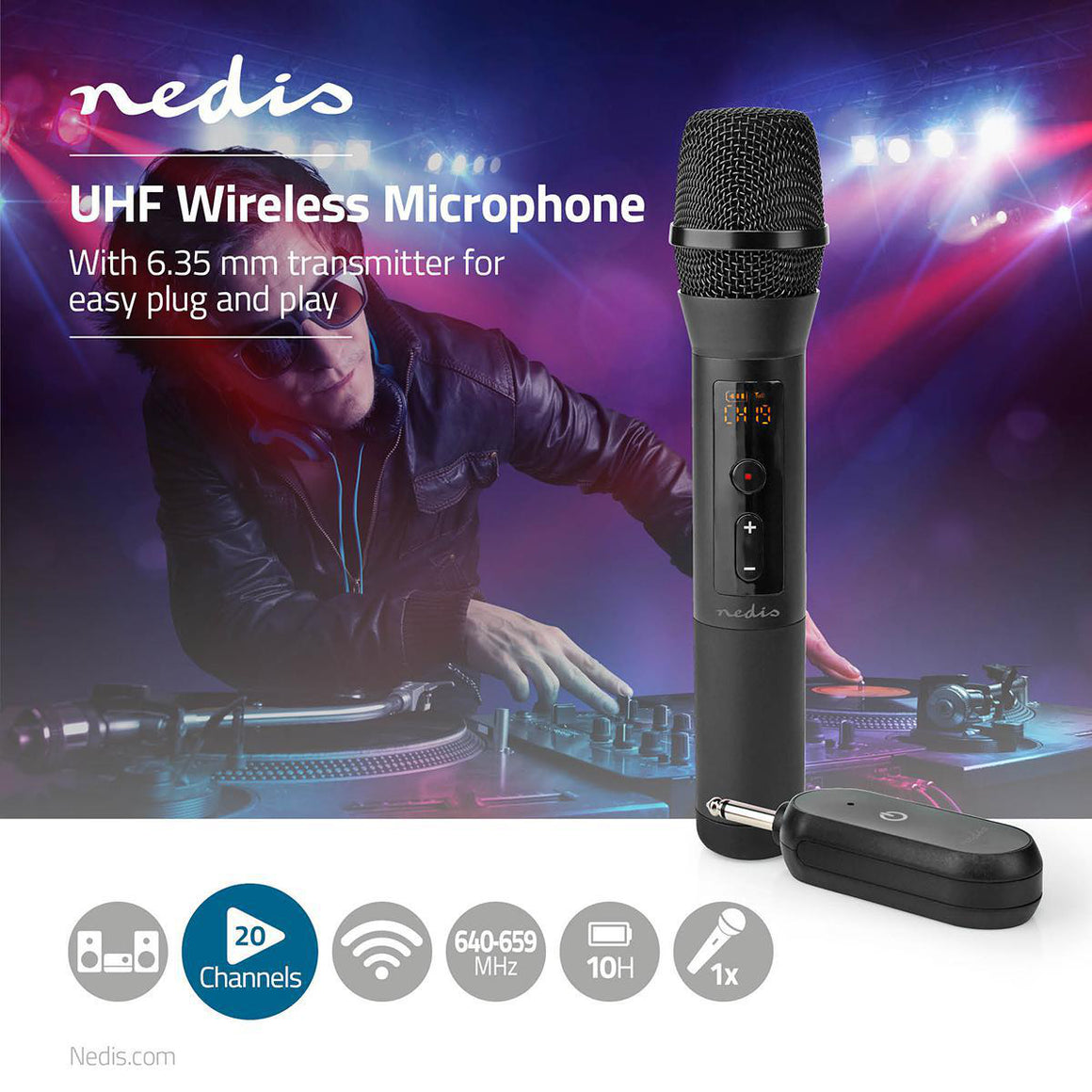 Microfon wireless Nedis 20 de canale 10 ore autonomie receptor negru