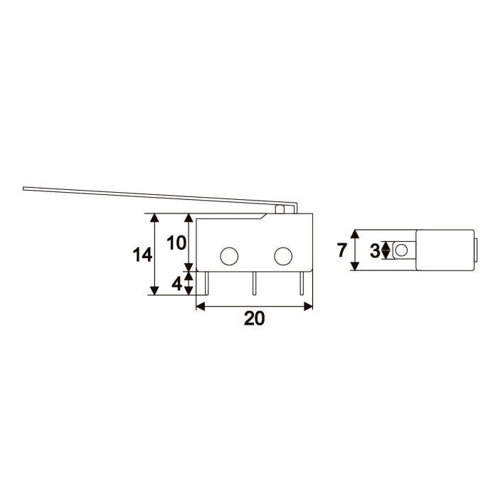 Microinterupator 1 circuit 5 2A 250V ON-ON cu lamela 50mm 20x10x7mm