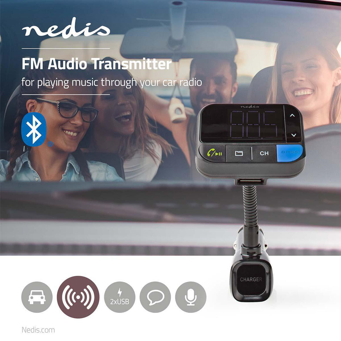 Modulator FM Nedis Bluetooth MicroSD Hands-Free Control vocal 2x USB