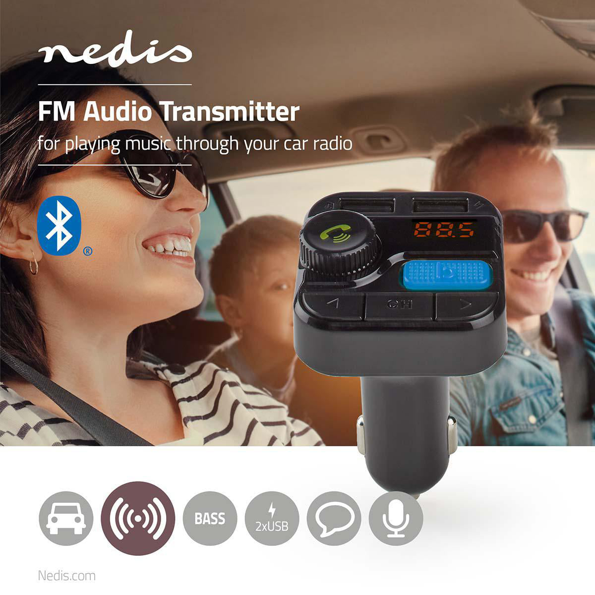 Modulator FM Nedis Hands-Free Bluetooth MicroSD Control vocal 2x USB