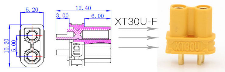 Mufa alimentare DC XT30 mama 2 pini cu lipire pe cablu 15A 500V AMASS XT30U-F