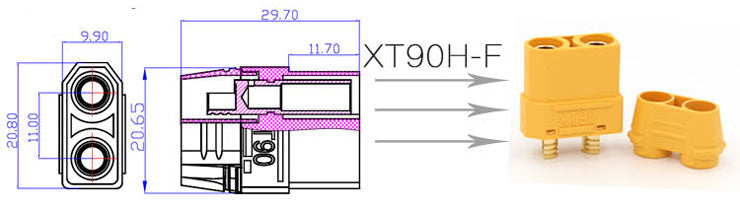 Mufa alimentare DC XT90 mama PIN 2 pe cablu lipite 40A 500V AMASS