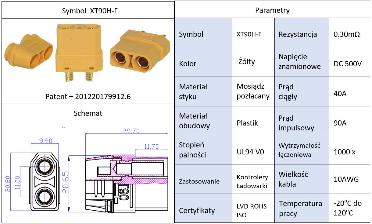 Mufa alimentare DC XT90 mama PIN 2 pe cablu lipite 40A 500V AMASS