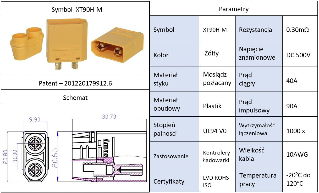 Mufa alimentare DC XT90 tata PIN 2 pe cablu lipite 40A 500V AMASS