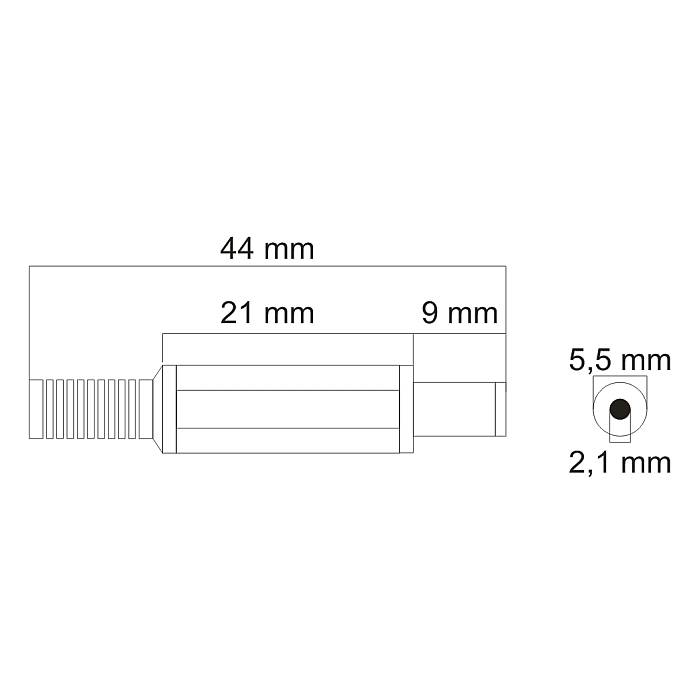 Mufa DC 2.1x5.5mm tata pe fir cu protector de cablu