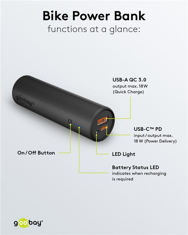 Power Bank 5.0 5000mAh suport pentru bicicleta negru USB-A/USB type C 3A 60656 Goobay