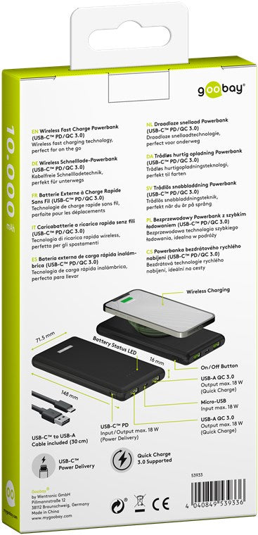 Power Bank acumulator extern wireless 10000mAh USB TYPE C PD QC3.0 Fast Charger Goobay