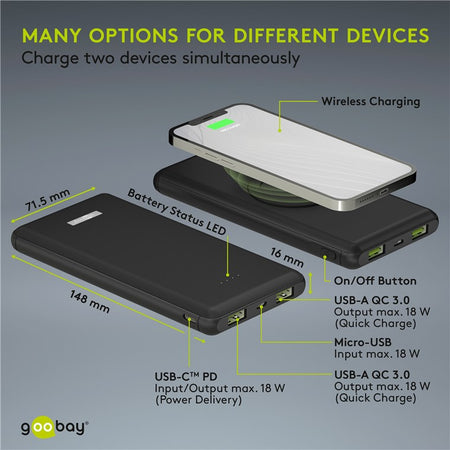 Power Bank acumulator extern wireless 10000mAh USB TYPE C PD QC3.0 Fast Charger Goobay