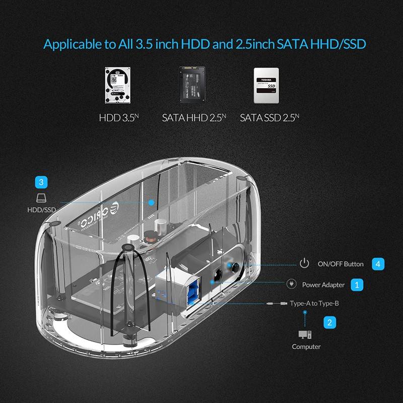 Rack HDD 2.5 3.5 inch USB 3.0 transparent cu docking station Orico