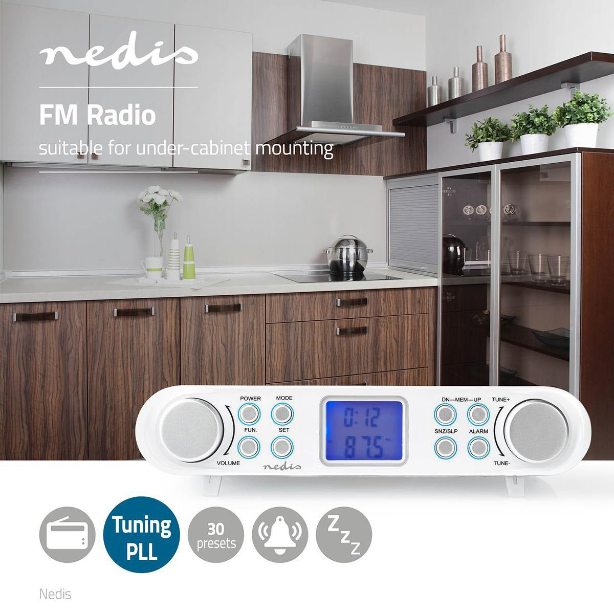 Radio FM de bucatarie montabil sub cabinet 30 de posturi presetate alb Nedis