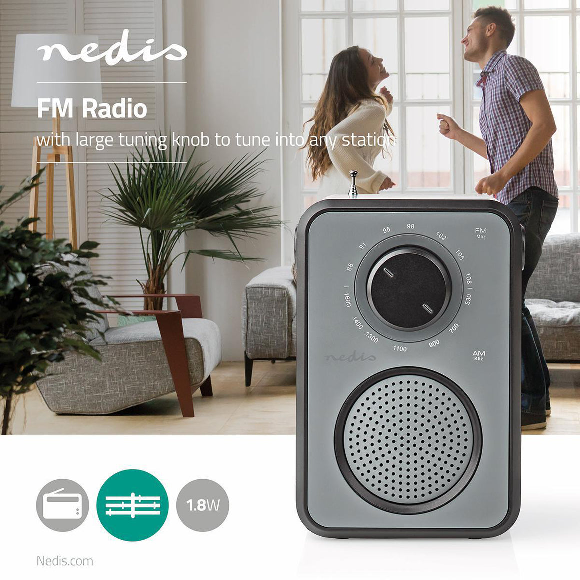 Radio FM Nedis 1.8W gri / negru maner de transport