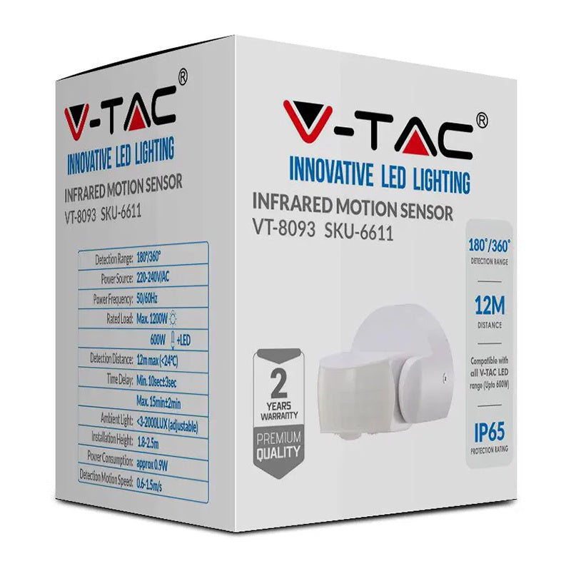 Senzor de miscare 180/360 grade 12m 1200W ALB V-TAC