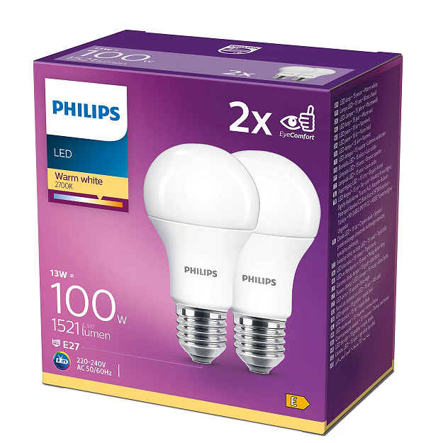 Set 2x Bec LED Philips E27 A60 13W (100W) 1521lm 2700K lumina calda 929001234531 2buc