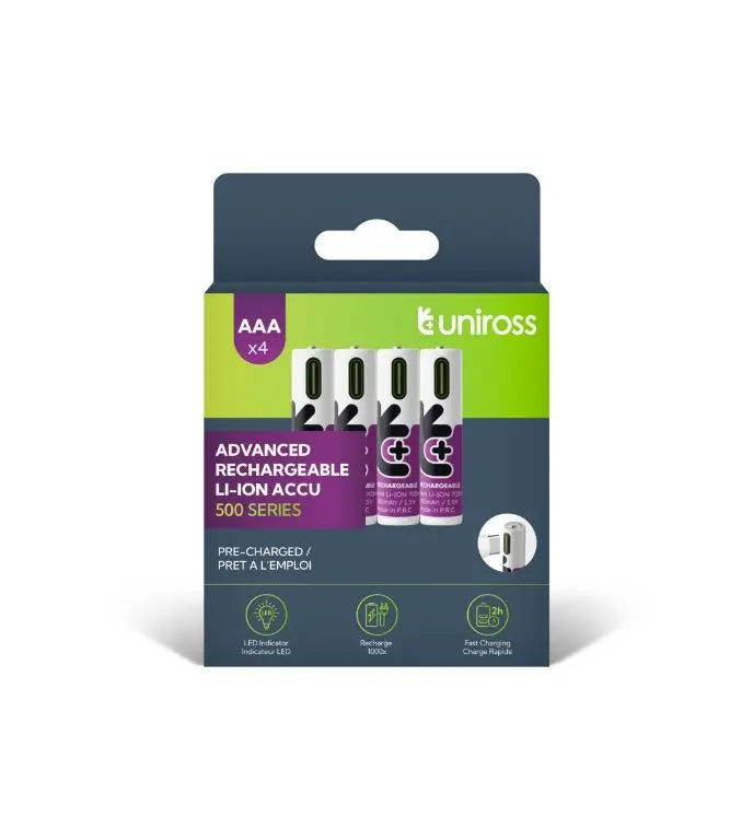 Set acumulatori Uniross AAA R3 Li-ion 10440 1.5V 500mAh cu incarcare USB-C 4buc
