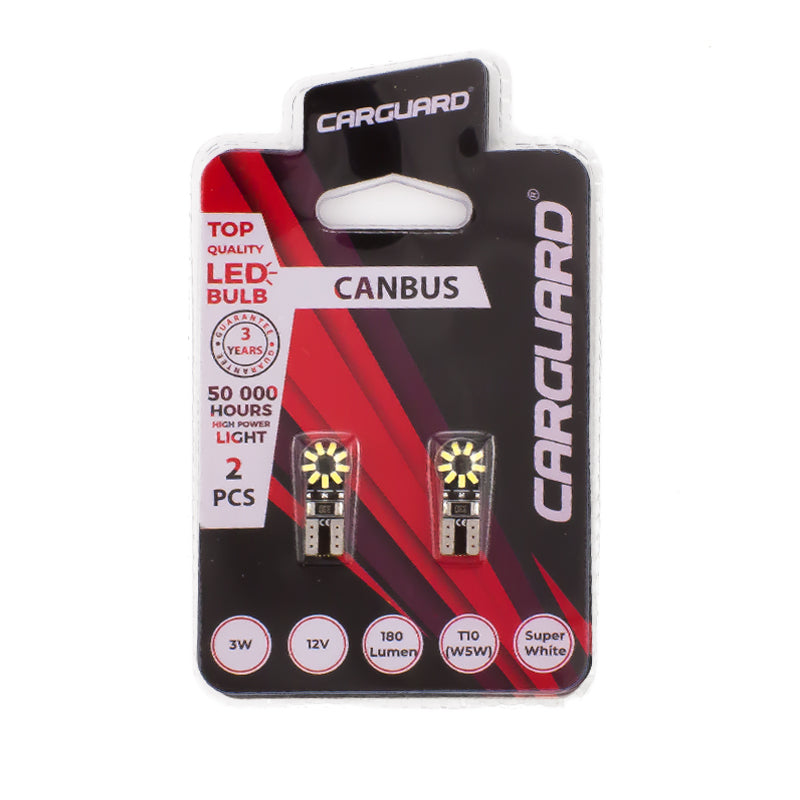 Set Becuri LED auto T10 W5W 12V 3W alb-rece Canbus set 2buc pentru interior / portbagaj CarGuard CAN126