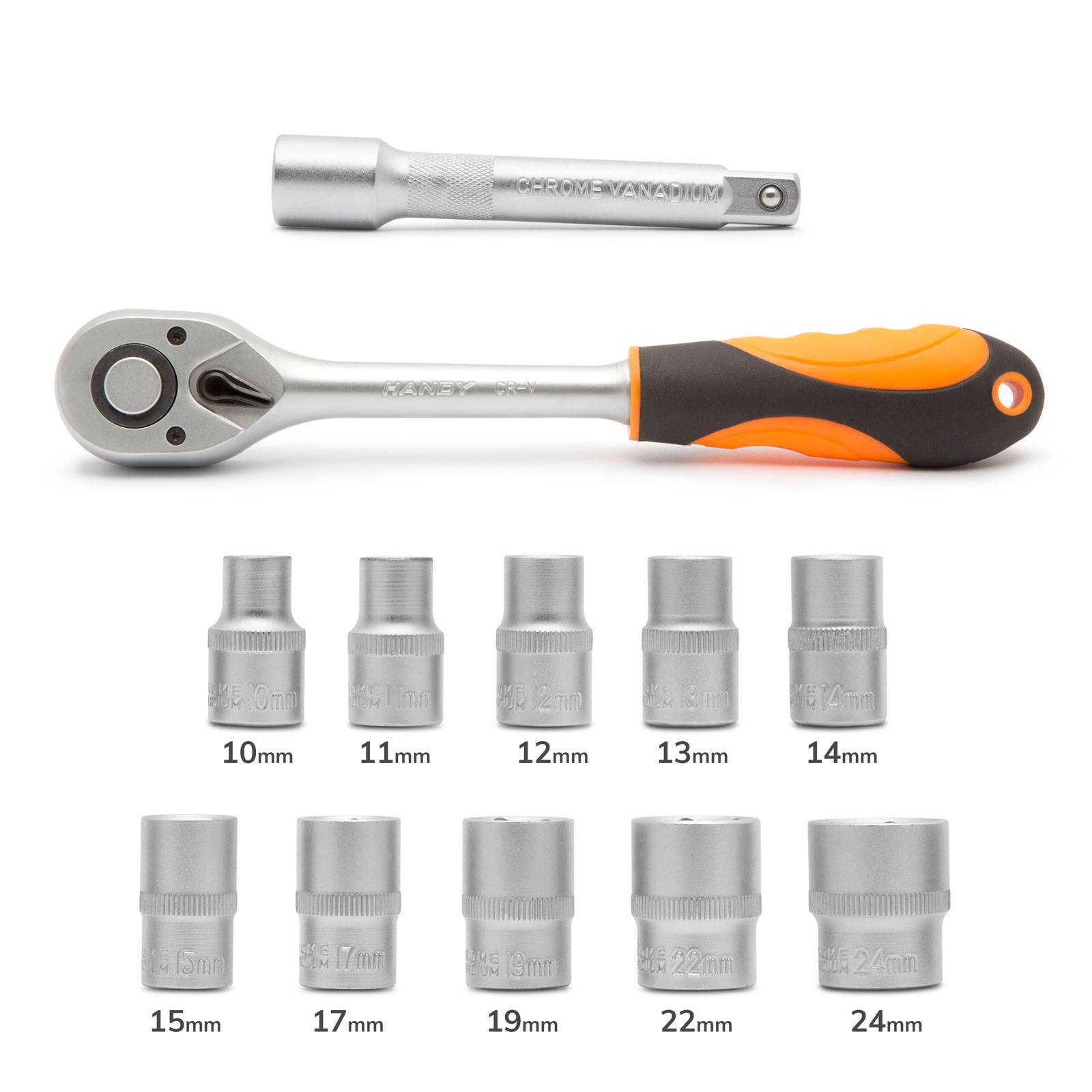 Set chei tubulare cu clichet 12buc 1/2" 10-24mm Crom-Vanadiu HANDY