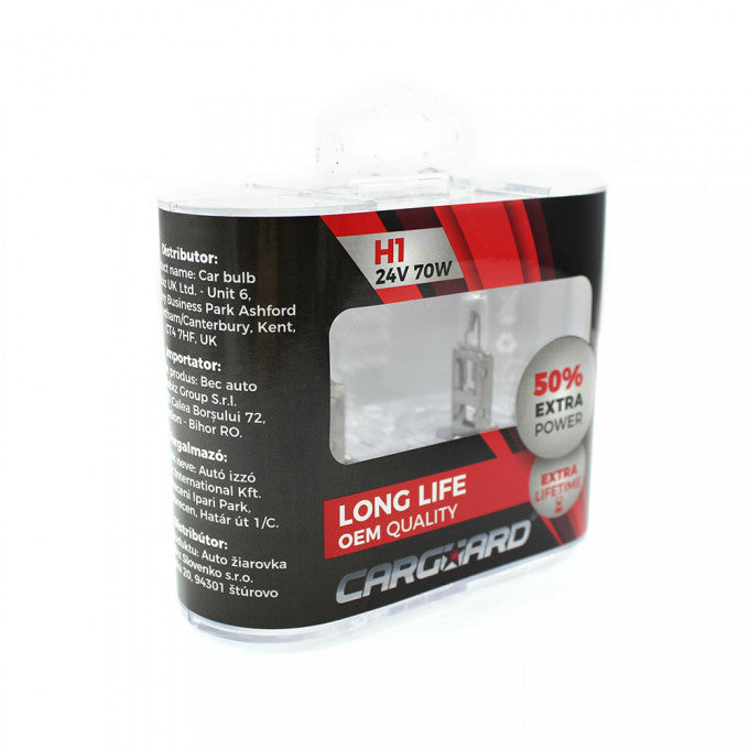 Set de 2 becuri Halogen 24V H1 70W +50% Intensitate LONG LIFE CARGUARD