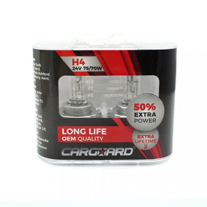 Set de 2 becuri Halogen 24V H4 70W +50% Intensitate LONG LIFE CARGUARD