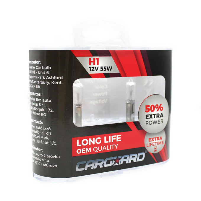 Set de 2 becuri Halogen H1 55W +50% Intensitate LONG LIFE 12V Carguard