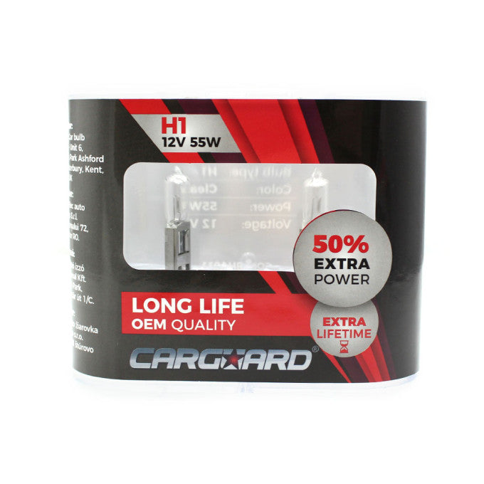 Set de 2 becuri Halogen H1 55W +50% Intensitate LONG LIFE 12V Carguard