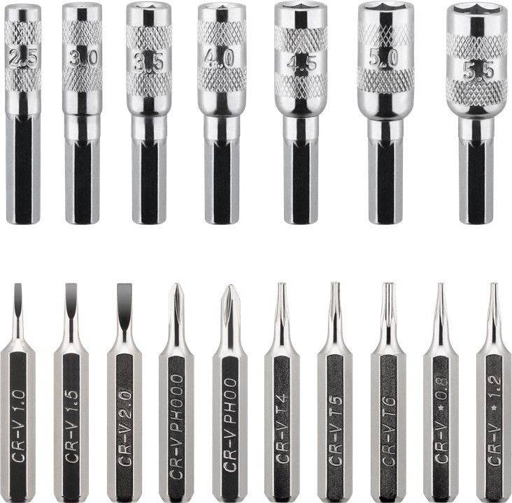 Set surubelnita 17biti CrV 3x capete plane 1mm 1.5mm 2mm 2x Phillips PH000 PH00 3x Torx T4 T5 T6 2x stele Star 0.8 1.2 7x hexago