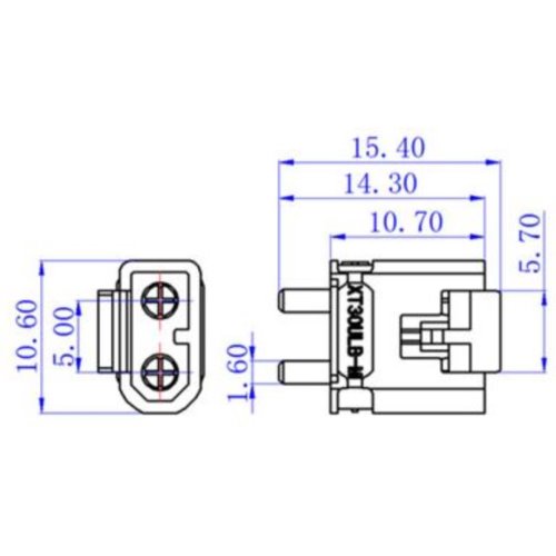 Soclu alimentare DC XT30 tata 2 pini pentru PCB THT 15A 500V AMASS XT30ULW-M