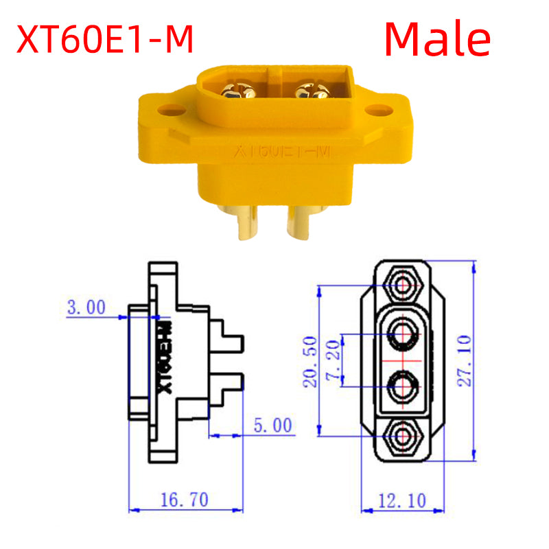 Soclu alimentare DC XT60 tata 2pini lipire montare pe panou 30A 500V galbena AMASS XT60E1-M / XT60E-M