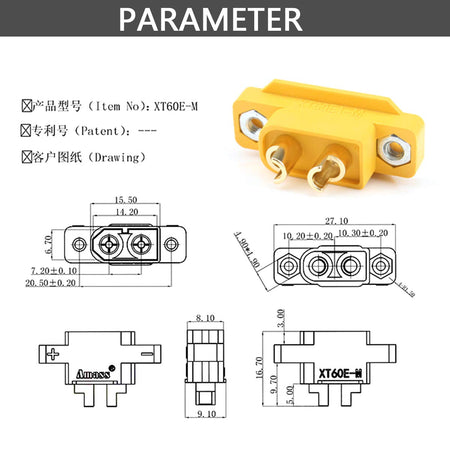 Soclu alimentare DC XT60 tata 2pini lipire montare pe panou 30A 500V galbena AMASS XT60E1-M / XT60E-M