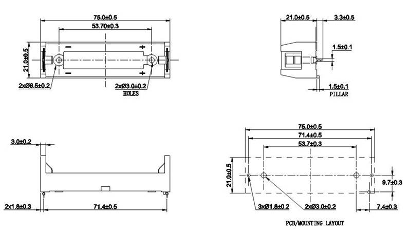 Suport acumulator MR18650 x1buc pentru PCB COMF BHC-18650-1P