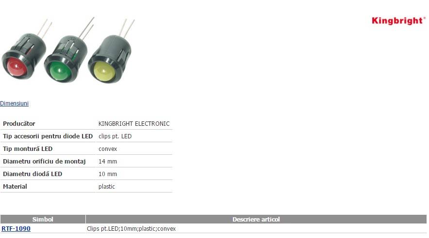 Suport pentru LED 10mm plastic convex KINGBRIGHT ELECTRONIC RTF-1090