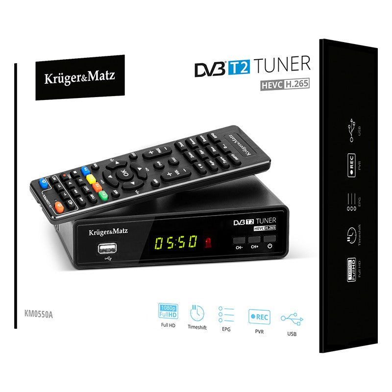 Tuner DVB-T2 DVB-T H.265 HEVC redare media si PVR inregistrare prin port USB 2.0 Kruger&Matz KM0550A