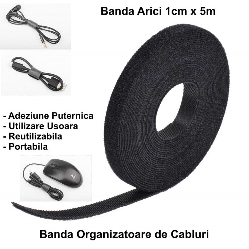 VELCRO banda textila cu arici 1cm x 5m negru