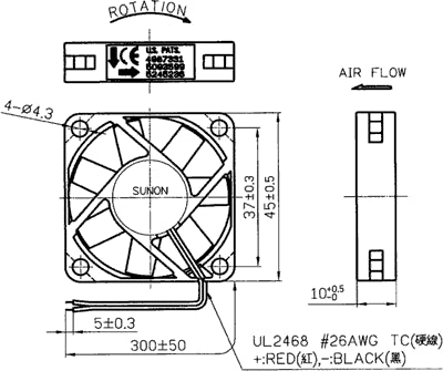 Ventilator DC axial 12VDC 45x45x10mm 15.6m3/h 27dBA 26AWG SUNON EB45101S2-000U-999