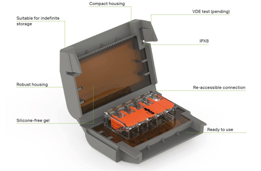 WAGO GELBOX 3 poli derivatie cabluri pentru conectori seriile 221/ 2273 max. 4mm2 IPX8 gri 207-1331